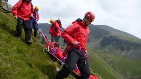 Lingmel Nose and sledging the casualty back down to the valley bottom