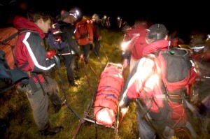 Carrying the casualty out on the Bell stretcher