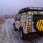 The two team landrovers on the Birker Fell road