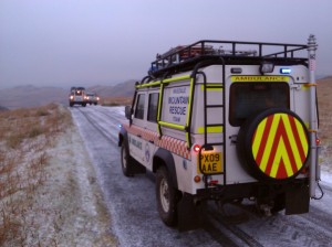 The two team landrovers on the Birker Fell road