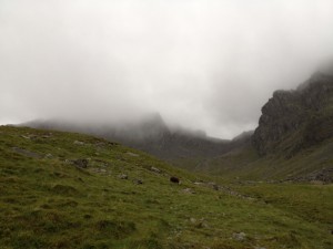 The view up into Hollowstones, the casualties were in the mist above Pikes Crag (centre)