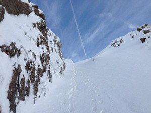 Final approach to the summit ridge. In summer this is a narrow gully but the right hand side in the picture is fully banked out.