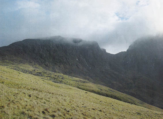Scafell Pike (the highest) with Scafell on the right and Mickledore col in the middle